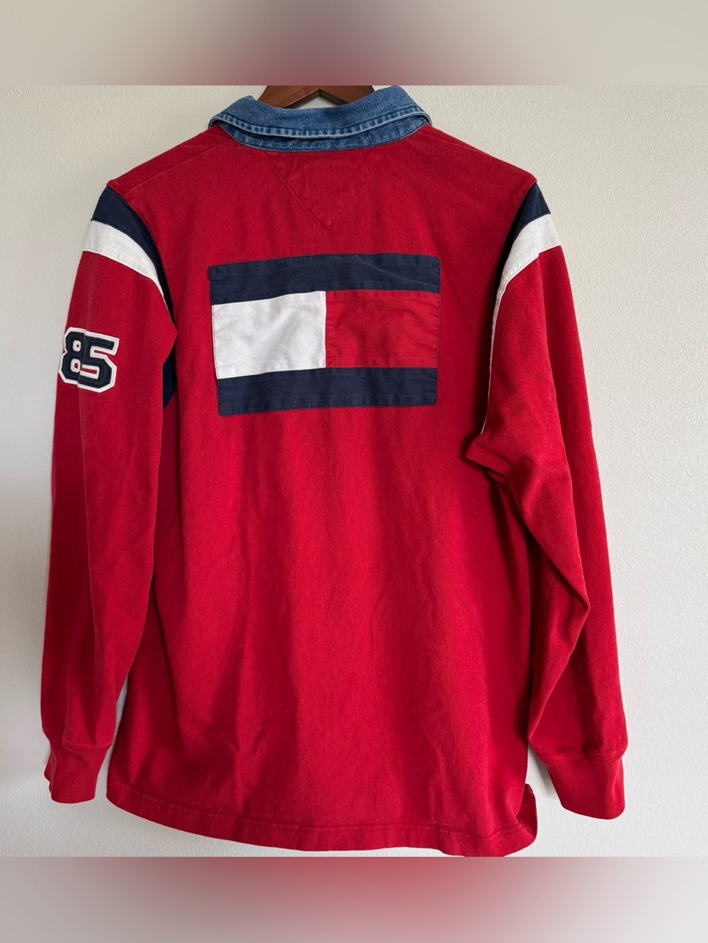 Vintage Y2K Tommy Jeans Heavyweight Rugby Polo Shirt Red Blue Denim Collar